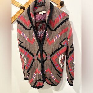 Sandro Paris Brown and red geometric cardigan.